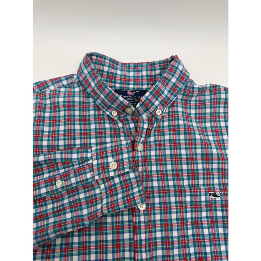 Vineyard Vines Slim Fit Tucker Shirt Mens Large Red Blue Green Plaid Cotton L/S